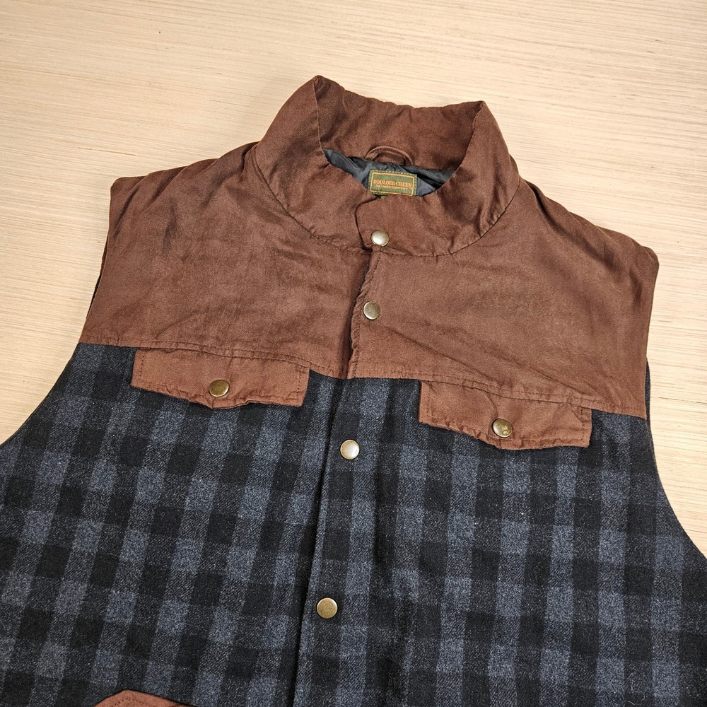 Boulder Creek Vest Mens 3XL Big Black Brown Plaid Wool Blend‎ Suede Puffer Vest